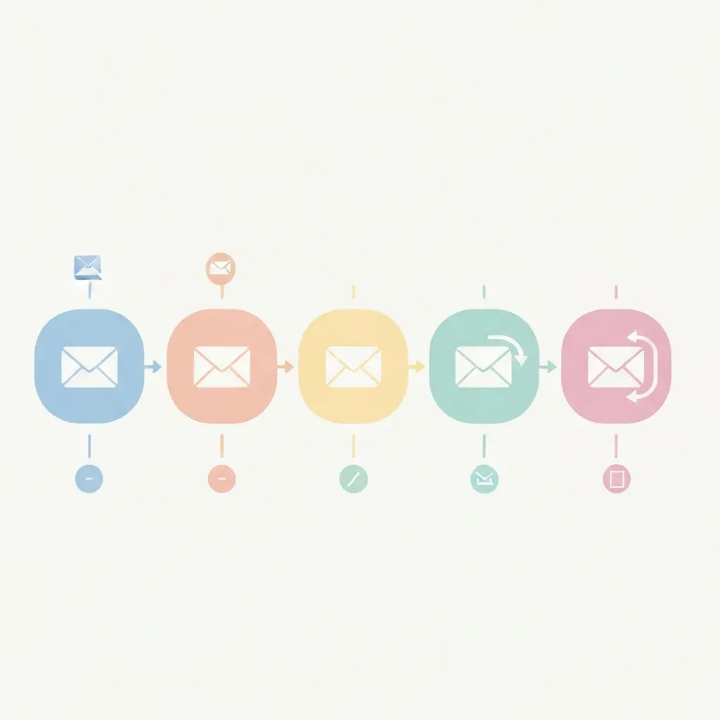 Seven-step email drip campaign workflow showing a 7-day sequence of connected nodes with envelope icons in a flat-vector pastel illustration
