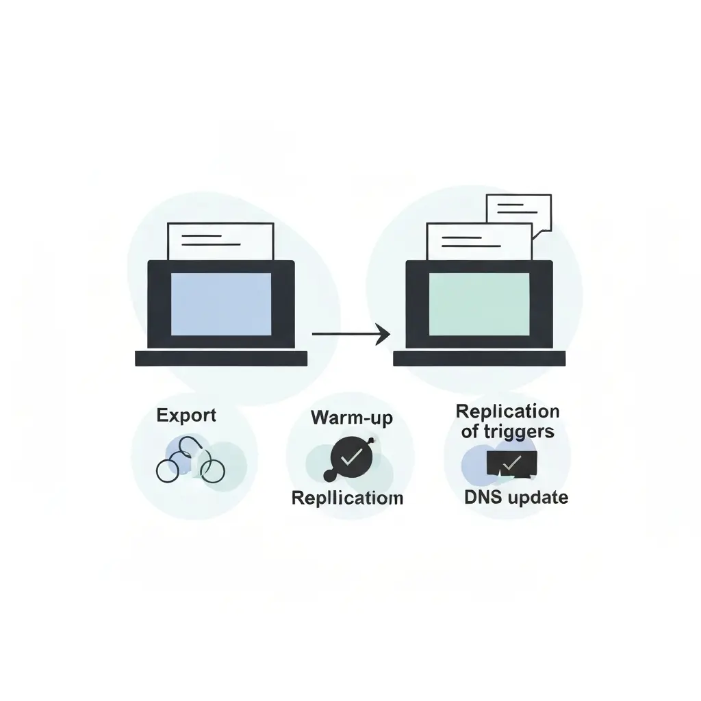 Email platform migration checklist illustration showing stages for contact export, domain warm-up, automation replication, and DNS record updates before drip campaign launch