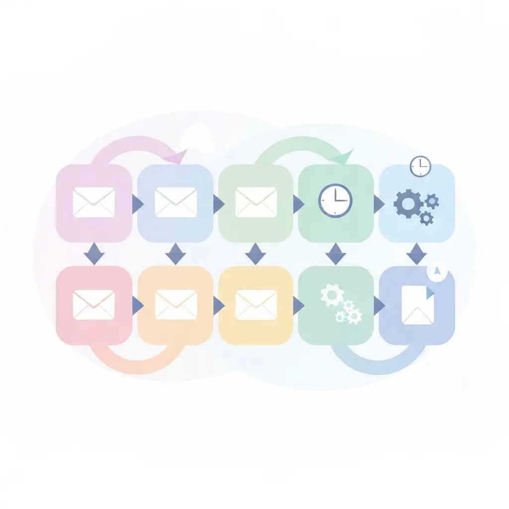 Visual automation workflow builder showing a drip campaign with conditional branching logic, decision points, and email send steps connected by arrows