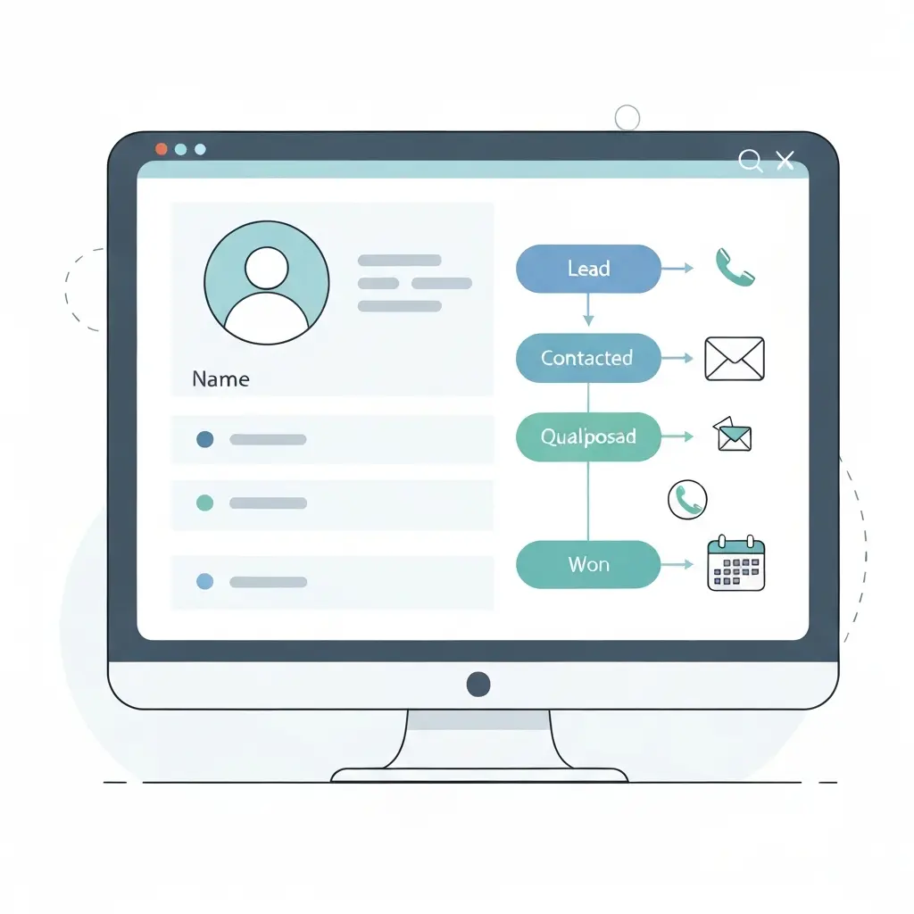 CRM dashboard showing contact records, sales pipeline stages, and activity history for sales team management