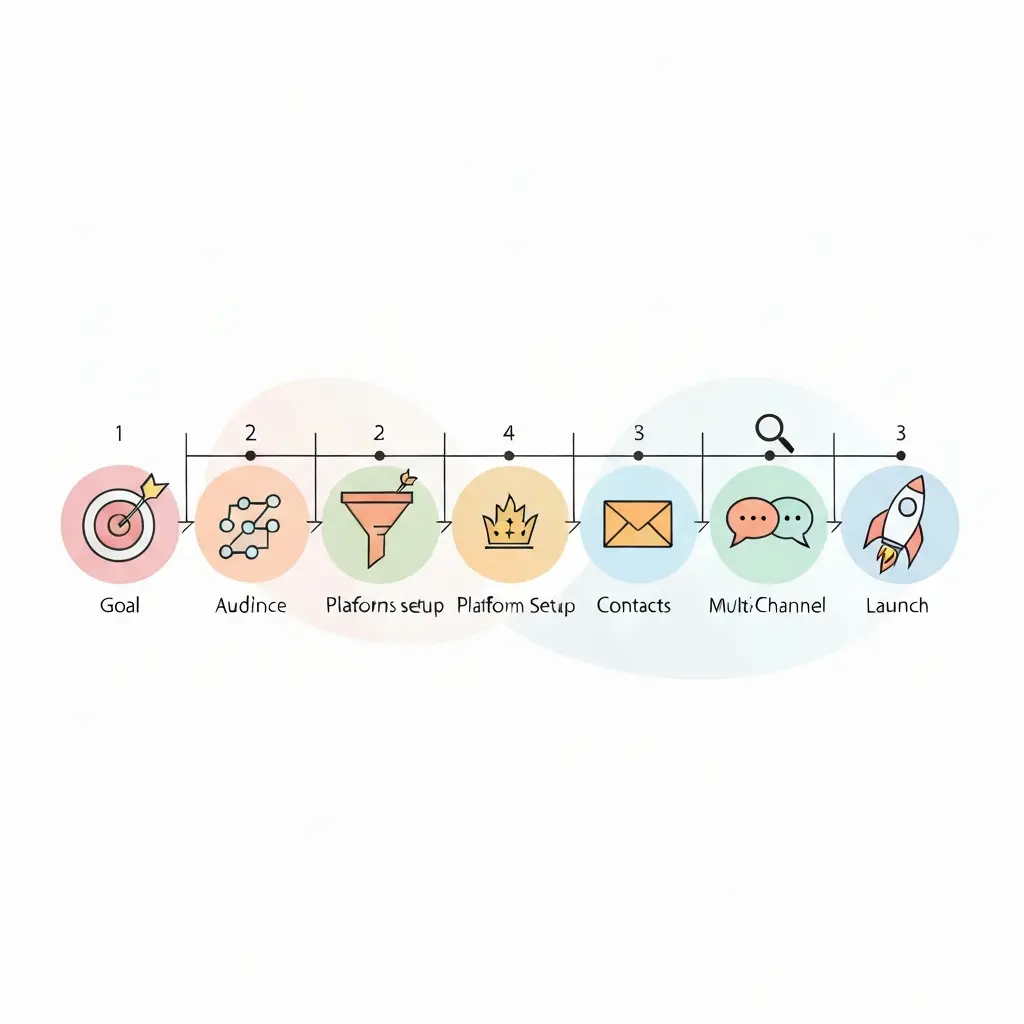 Marketing automation 7-day plan overview showing a horizontal timeline of seven stages from goal-setting to launch