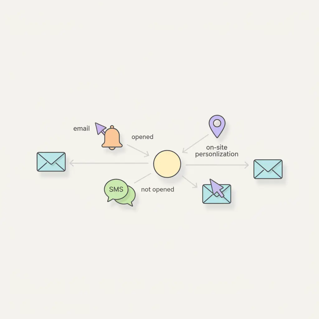 Marketing automation workflow diagram showing trigger node, decision branch, and email plus push channel delivery paths