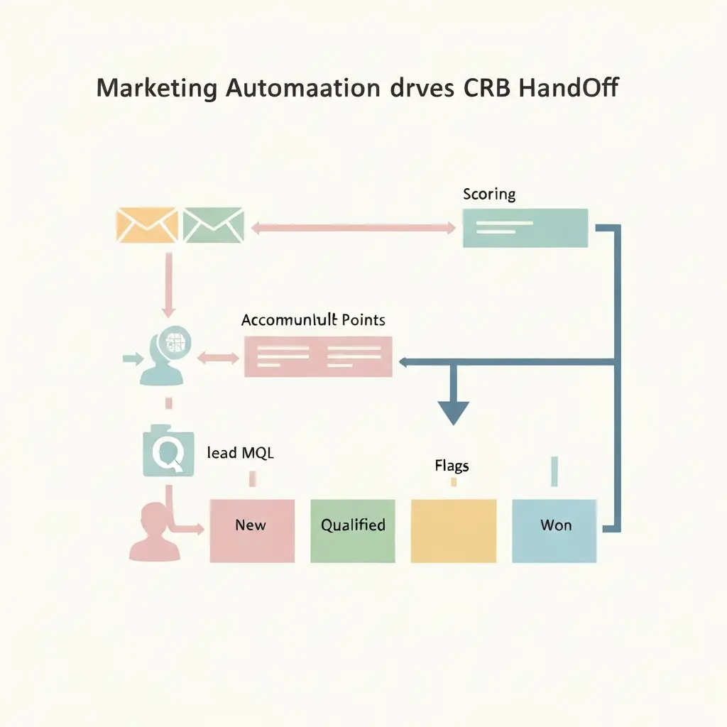 Lead scoring diagram showing marketing automation accumulating behavioral points to reach MQL threshold and trigger CRM handoff