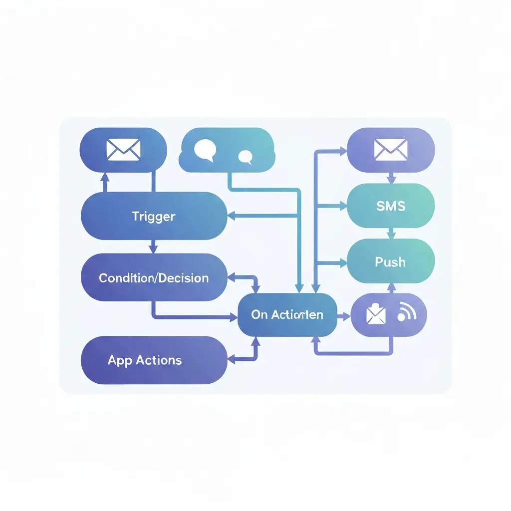 Marketing automation workflow builder showing trigger-action logic with email, SMS, and push notification branches